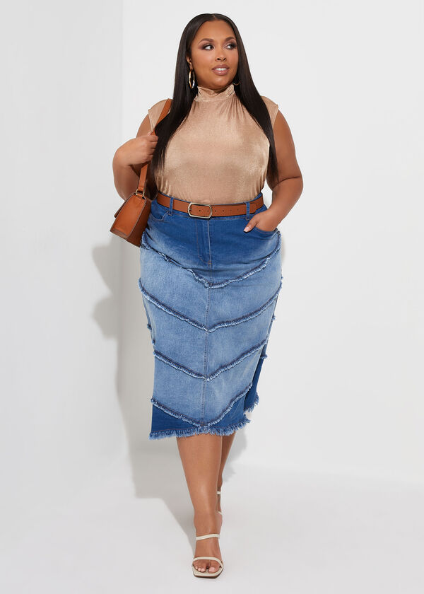 Frayed Two Tone Denim Maxi Skirt, Medium Blue image number 0