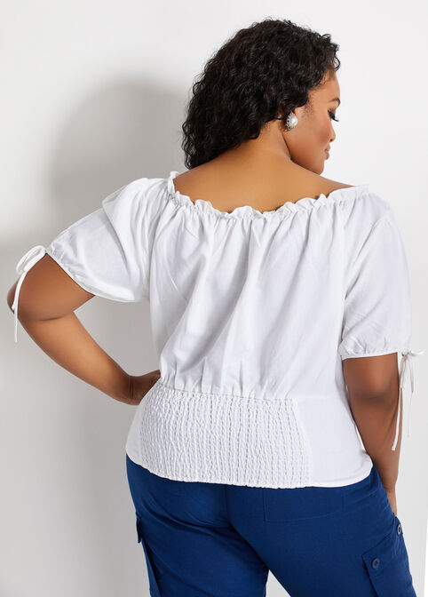 Linen Puff Sleeve Peasant Top, White image number 1