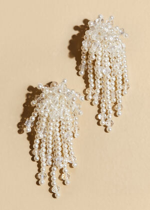 Fringed Faux Pearl Earrings, Silver image number 1
