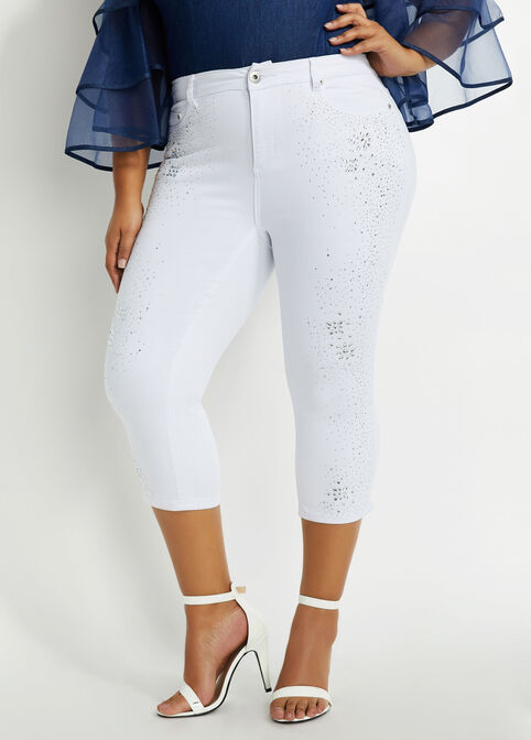 Plus Size White Floral Rhinestone Crop High Waist Skinny Jeans Capris