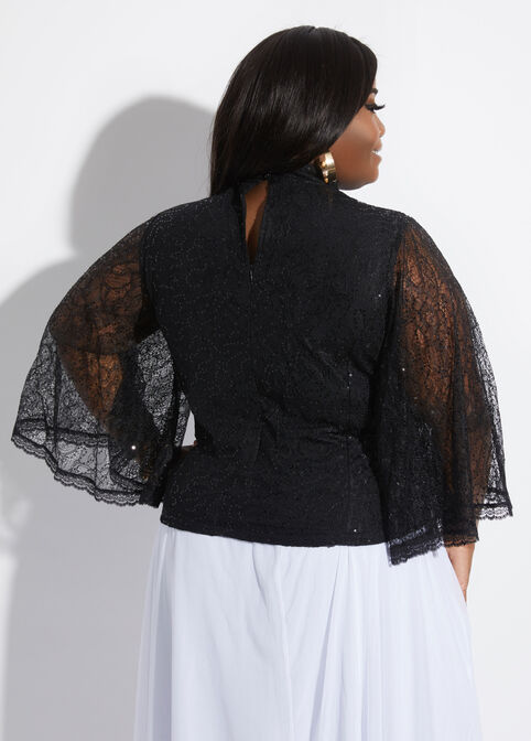 Sequin Lace Bell Sleeve Top, Black image number 1