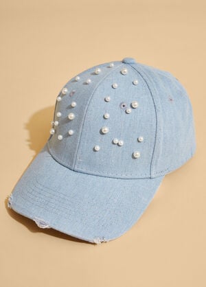 Faux Pearl Denim Baseball Hat, Denim image number 0