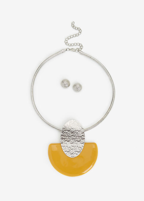 Stone Pendant Choker Necklace Set, Nugget Gold image number 0