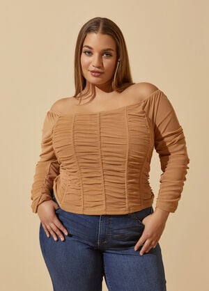 Ruched Mesh Corset Top, Tan image number 0