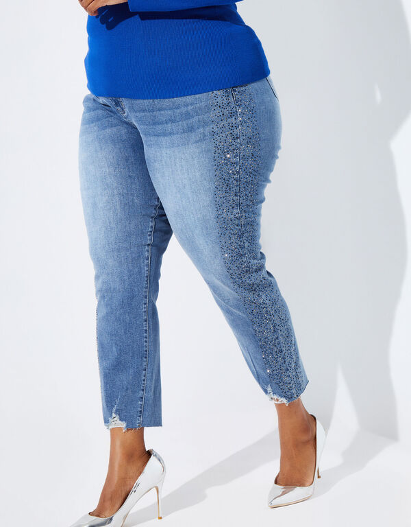 Embellished Distressed Jeans, Med Sky Blue image number 0