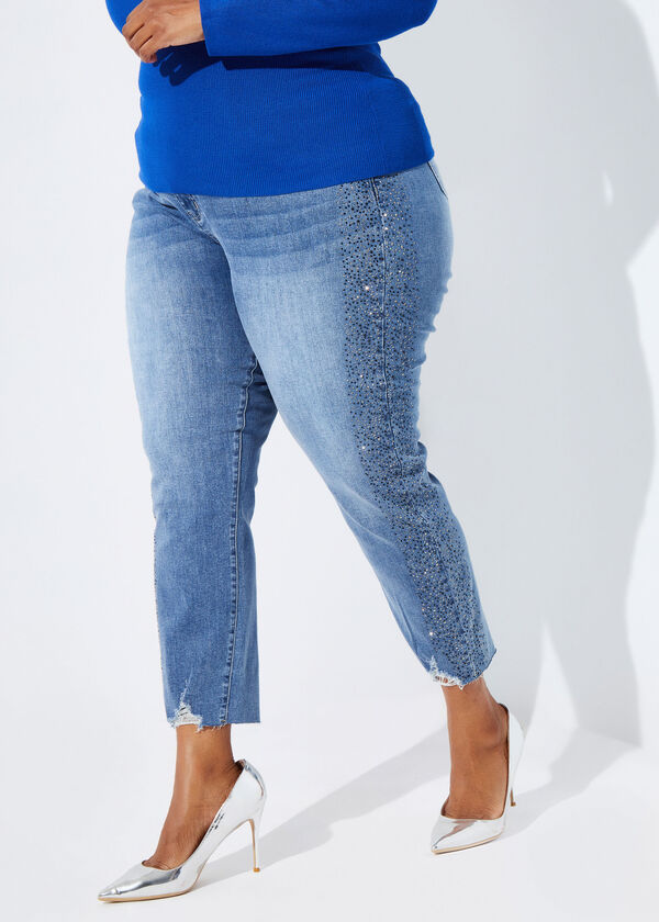 Embellished Distressed Jeans, Med Sky Blue image number 0