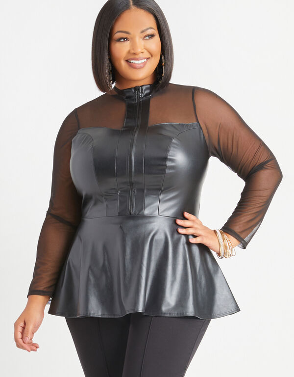 Faux Leather And Mesh Peplum Top, Black image number 0