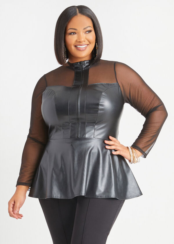 Faux Leather And Mesh Peplum Top, Black image number 0