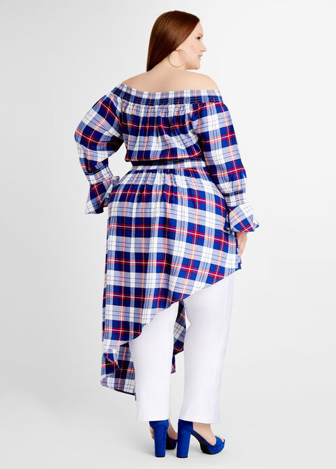 Plaid Asymmetric Ruffle Duster Top, Blue image number 1