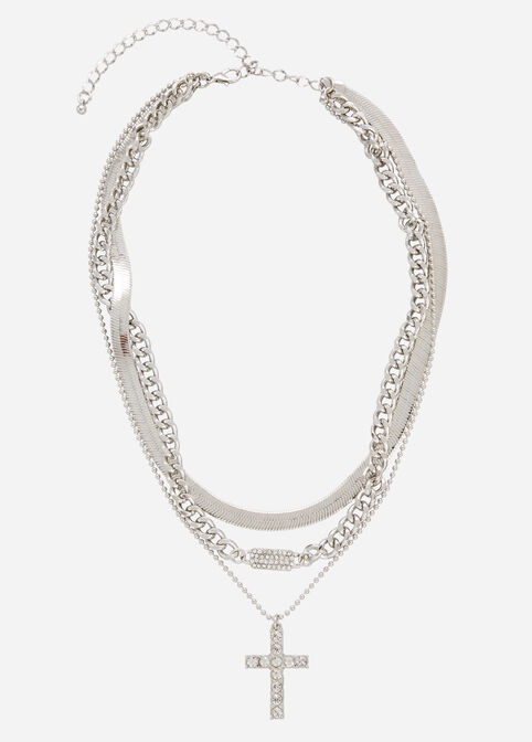 Cross Layer Chain Necklace, Silver image number 0