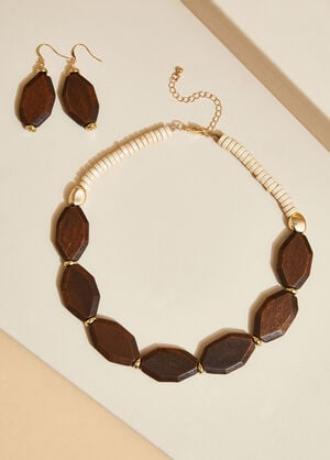 Wood And Beaded Necklace Set, Brown image number 0