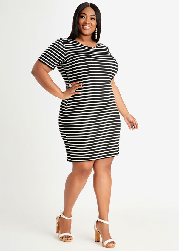 Stripe Midi T Shirt Dress, Black Combo image number 0
