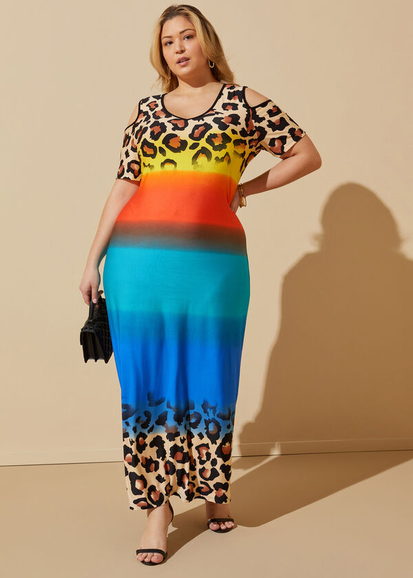 Cold Shoulder Leopard Ombre Dress, Multi image number 0