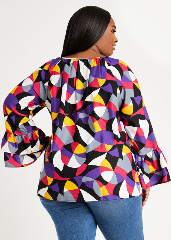 Abstract Keyhole Bell Sleeve Top, Sangria image number 1