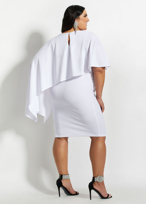 Asymmetric Cape Knee Length Dress, White image number 1