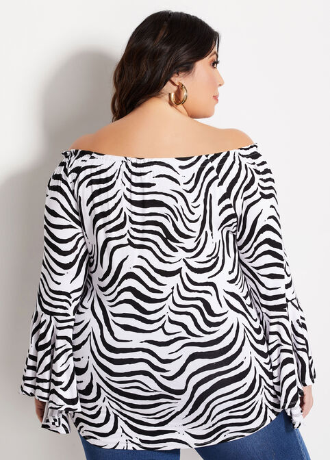 Zebra Knit Bell Sleeve Top, Black White image number 1