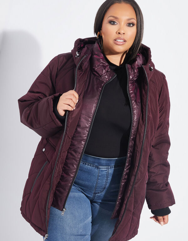 Quilted Hooded Puffer Coat, Mauve image number 0