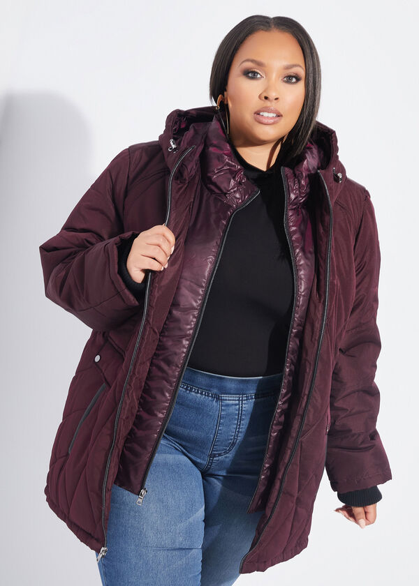Quilted Hooded Puffer Coat, Mauve image number 0