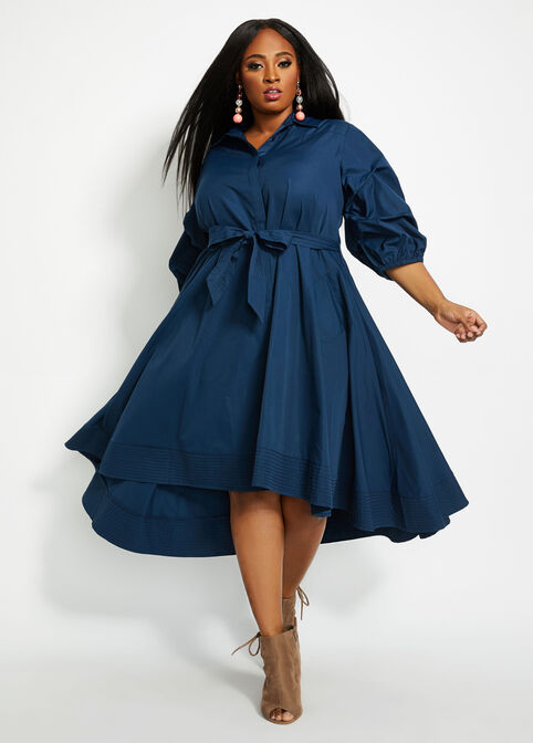 Belted Hi-Low Button Shirtdress, Navy image number 0