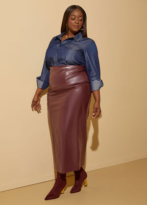 Split Faux Leather Maxi Skirt, Burgundy image number 0