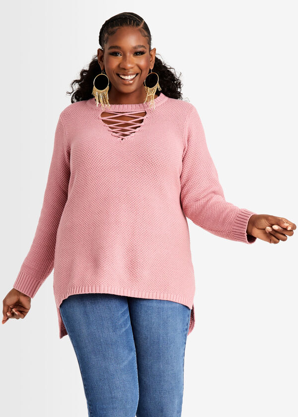 Lace Up Hi Low Tunic Sweater, Foxglove image number 0