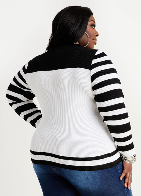Stripe Cutout Mock Neck Sweater, Black White image number 1