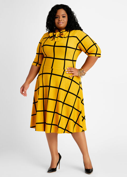 Windowpane Tie Neck Knit Dress, Nugget Gold image number 0