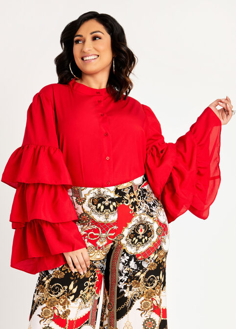 Drama Ruffle Sleeve Button Up Top, Barbados Cherry image number 2