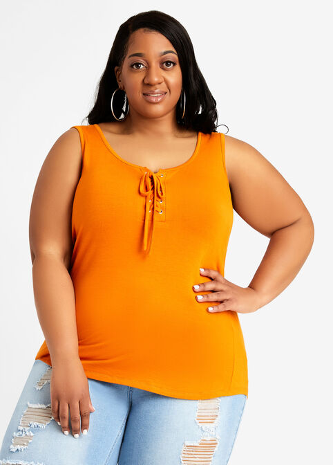 Plus Size Basic Stretch Knit Scoop Neck Edgy Lace Up Tank Fitted Tops image number 0