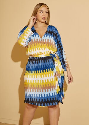 Printed Plisse Faux Wrap Dress, Silver Lake Blue image number 0