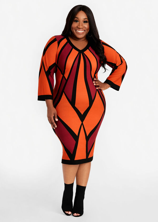 Plus Size Abstract Colorblock Sheath Bodycon Knee Length Dress
