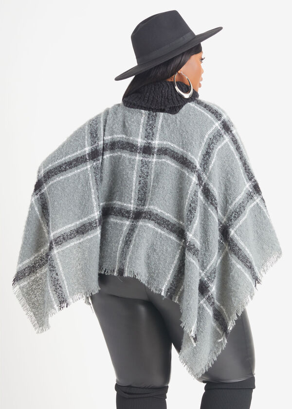Plaid Knit Turtleneck Poncho, Grey image number 1