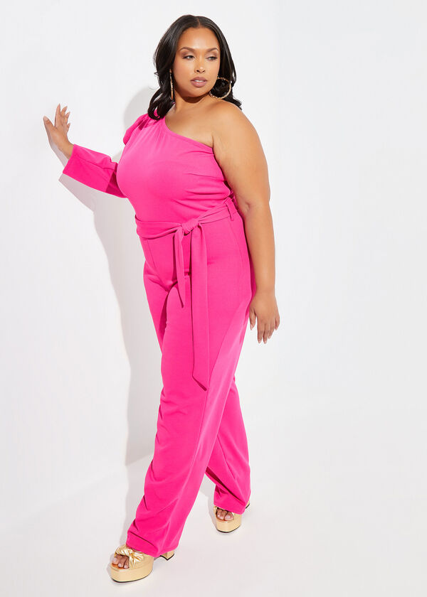 Puff Sleeve One Shoulder Jumpsuit, Fuchsia image number 3