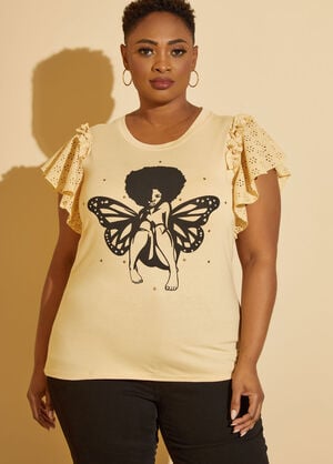 Embroidered Sleeve Graphic Tee, Tan image number 0