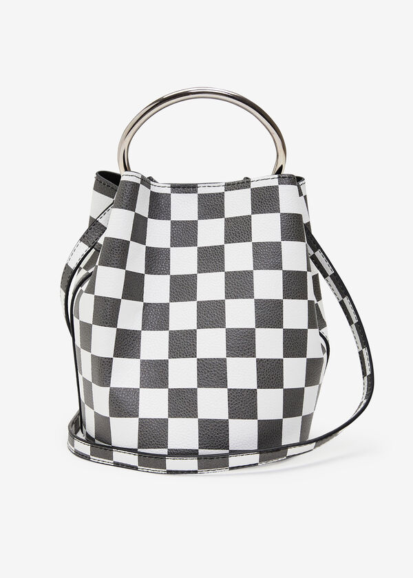 Checked Faux Leather Bucket Bag, Black Combo image number 0