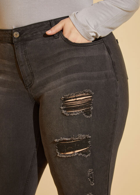 Distressed Mid Rise Skinny Jeans, Black image number 2