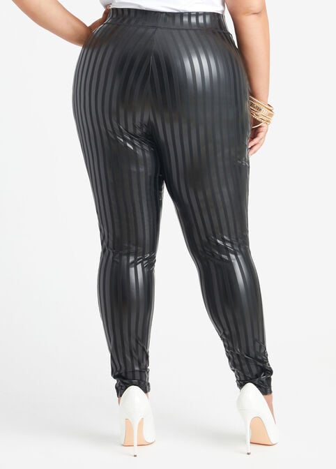 Striped Faux Leather Leggings, Black image number 1