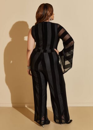One Shoulder Velvet Panel Jumpsuit, Black image number 1