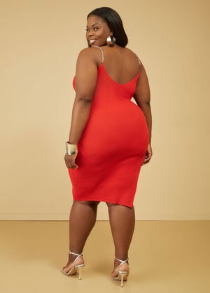 Chain Trimmed Ribbed Bodycon Dress, Red image number 1