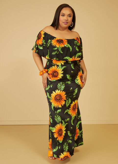Off The Shoulder Sunflower Dress, Black Combo image number 3