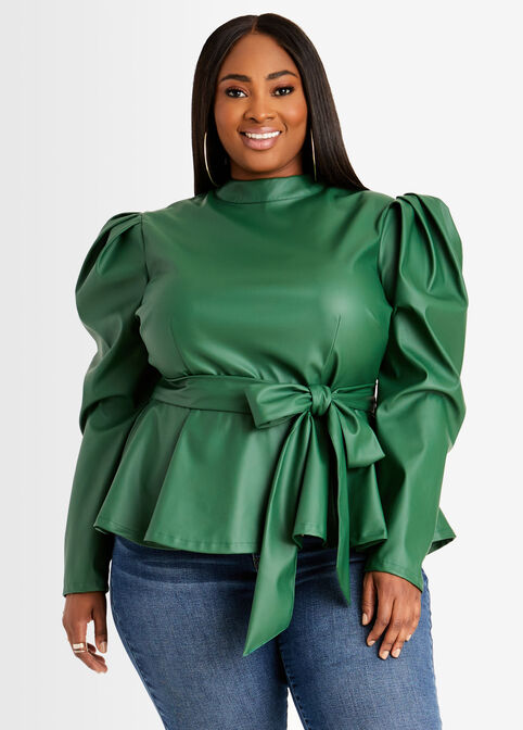 Belted Faux Leather Peplum Top