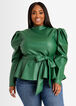 Plus Size Faux Leather Tops Sexy Belted Mock Neck Puff Sleeve Peplum image number 0