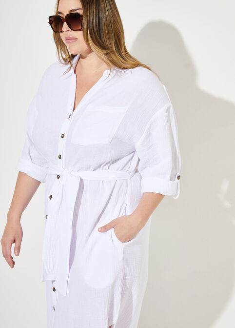 Belted Cotton Gauze Shirtdress, White image number 2