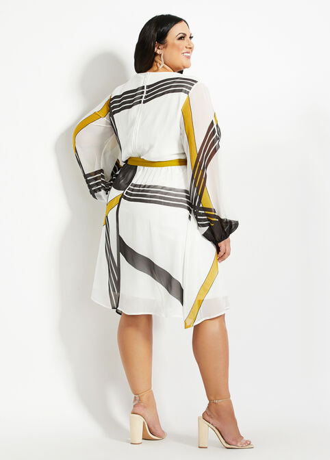 Belted Geo Stripe Chiffon Dress, Black Combo image number 1