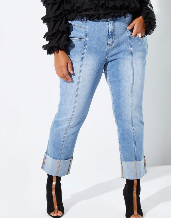 Cuffed Cropped Straight Leg Jeans, Blue image number 0