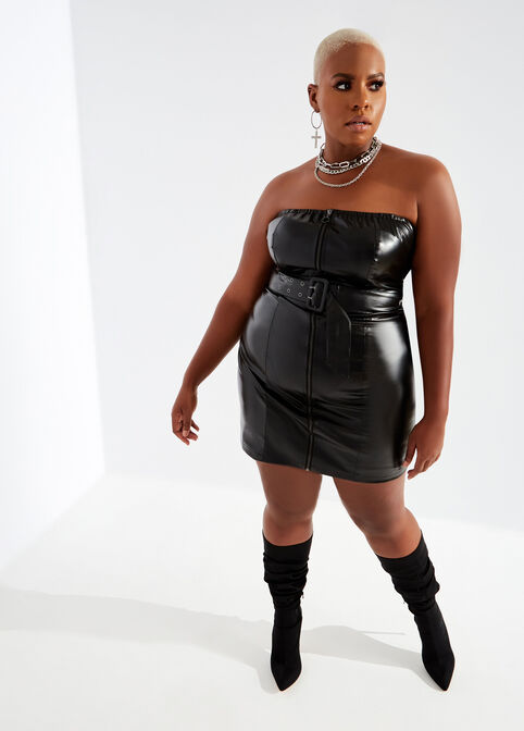 Plus Size Curvy Girl Sexy Strapless Faux Leather Bodycon Mini Dress