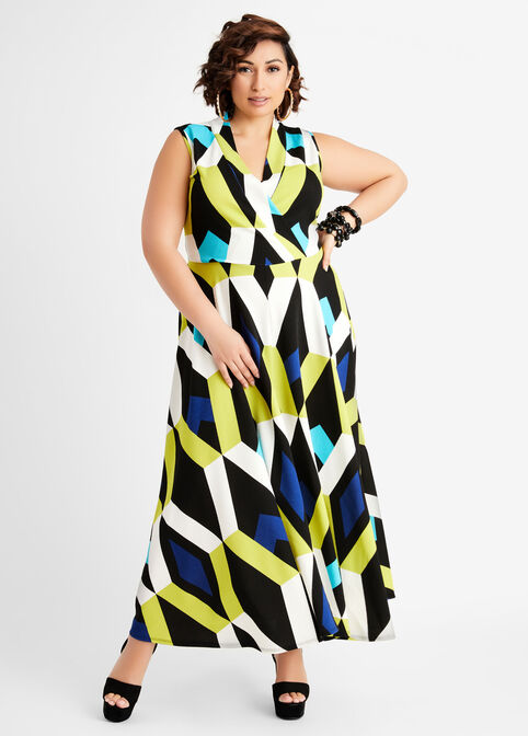 Geo Diamond Mock Wrap Maxi Dress, Multi image number 0