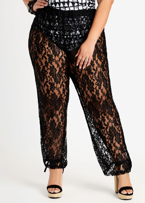 Floral Lace Swim Cover Up Pant, Black image number 0