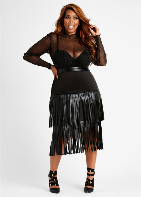 Faux Leather & Knit Fringe Skirt, Black image number 2