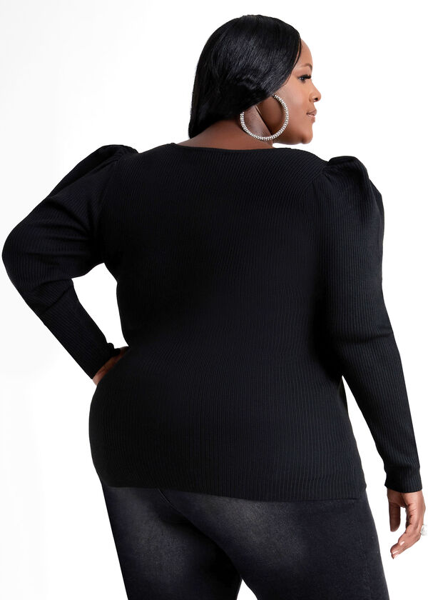 Puff Sleeve Ribbed Sweater, Black image number 1